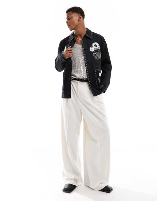 ASOS DESIGN - Nette broek met extreem wijde pijpen en textuurstof in ecru, 2 van 5