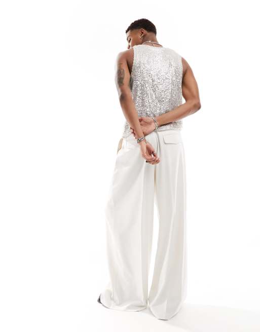 ASOS DESIGN - Nette broek met extreem wijde pijpen en textuurstof in ecru, 4 van 5