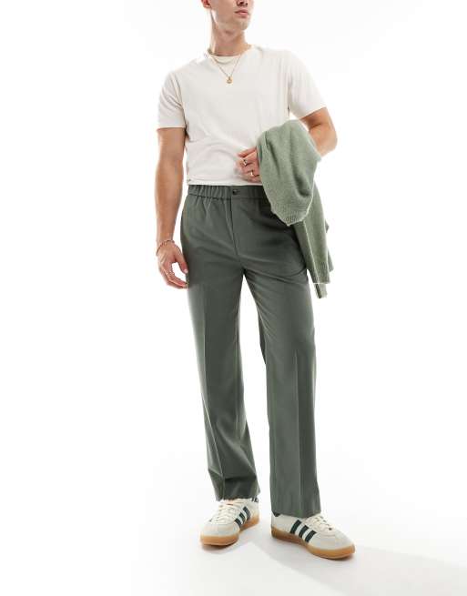 ASOS DESIGN - Nette broek met rechte pijpen en elastische taille in olijfgroen