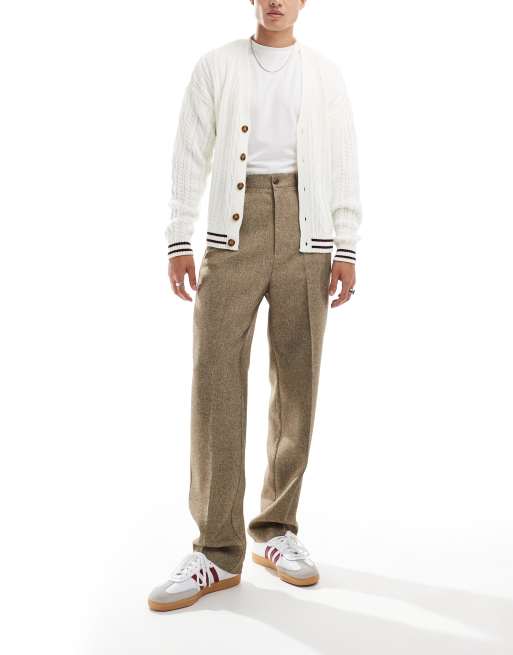 ASOS DESIGN - Nette broek met rechte pijpen en hoge taille in bruin visgraatmotief, 4 van 5