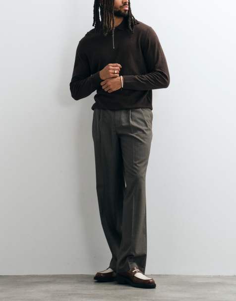 ASOS DESIGN - Nette broek met wijde pijpen, dubbele plooien en microruitje in bruin - view 1
