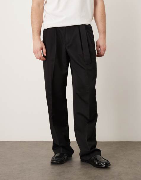 ASOS DESIGN - Nette broek met wijde pijpen, dubbele plooien en riemdetail in zwart - view 1