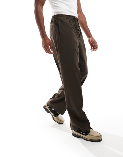 ASOS DESIGN - Nette broek met wijde pijpen en elastische taille in donkerbruin