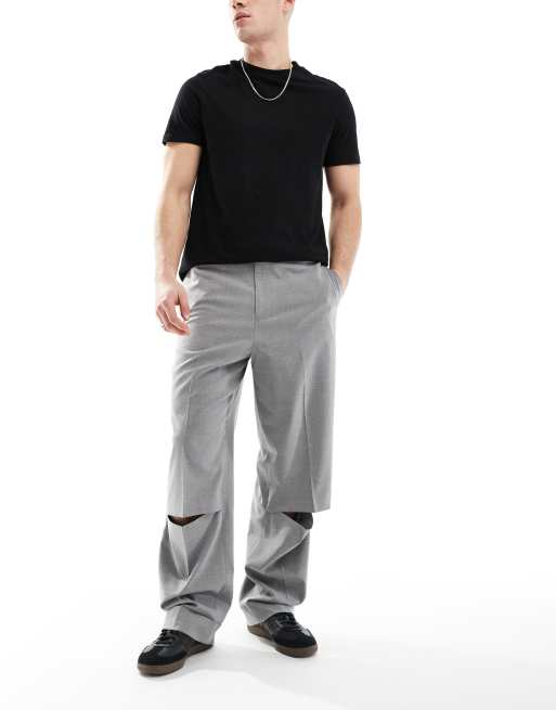 ASOS DESIGN - Nette broek met wijde pijpen en kniesplitten in lichtgrijs