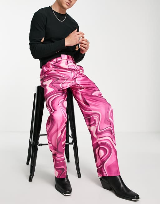 ASOS DESIGN - Nette broek met wijde pijpen en retro marmerprint in roze