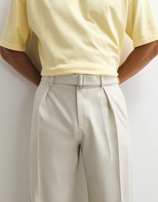 ASOS DESIGN - Nette broek met wijde pijpen en riem in crème met textuur, 2 van 9