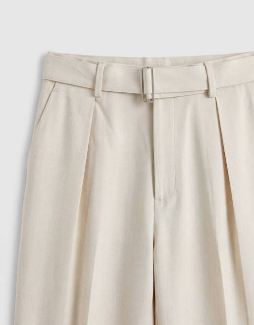 ASOS DESIGN - Nette broek met wijde pijpen en riem in crème met textuur, 8 van 9