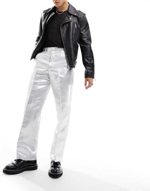 ASOS DESIGN - Nette broek met wijde pijpen in metallic zilver met krijtstreep
