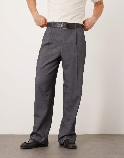ASOS DESIGN - Nette broek met wijde pijpen, plooien aan de voorkant, elastische taille en visgraatmotief in grijs - view 1