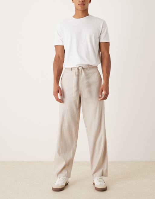 ASOS DESIGN - Nette broek van linnenmix met wijde pijpen en ceintuur in stone, 2 van 5