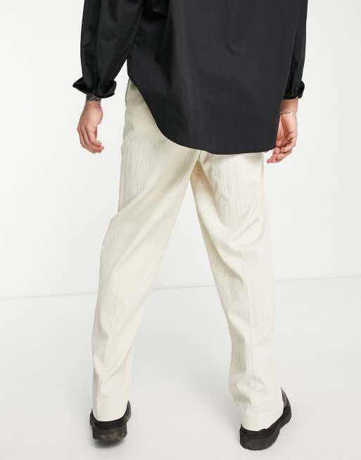 ASOS DESIGN - Nette broek van linnenmix met wijde pijpen in ecru met plooi, 2 van 4