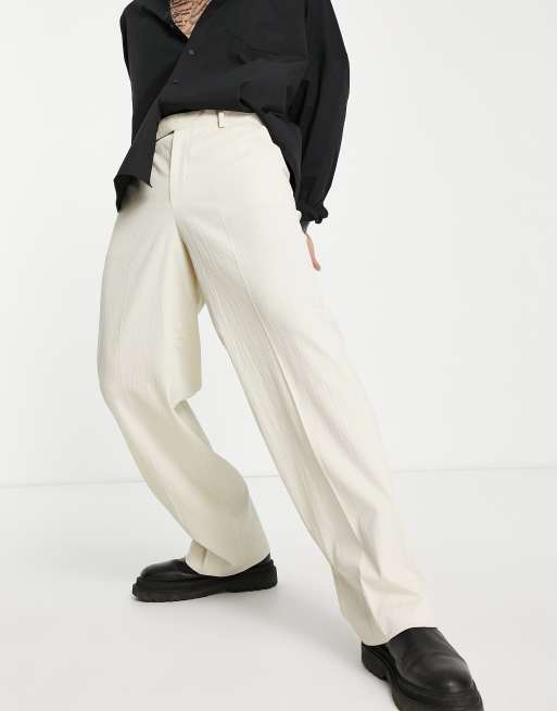 ASOS DESIGN - Nette broek van linnenmix met wijde pijpen in ecru met plooi, 4 van 4