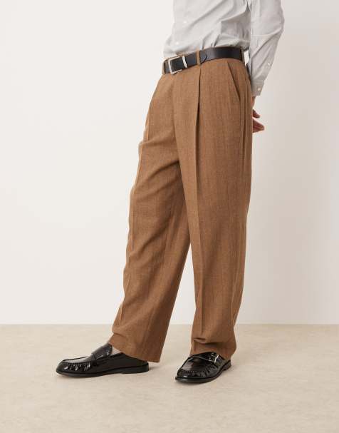 ASOS DESIGN - Nette broek van wolmix met wijde pijpen en krijtstreep in bruin - view 1