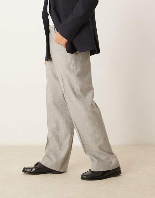 ASOS DESIGN - Nette broek van wolmix met wijde pijpen en krijtstreep in lichtgrijs