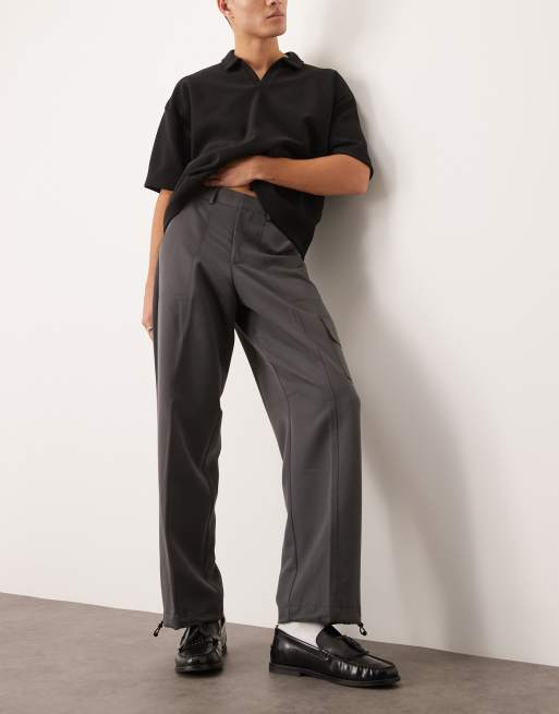 ASOS DESIGN - Nette cargobroek met wijde pijpen en trekkoord aan de zoom in grijs
