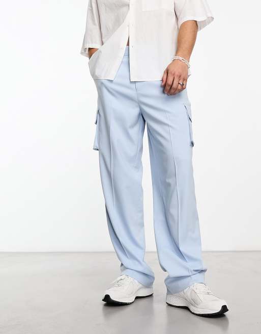 ASOS DESIGN - Nette cargobroek met wijde pijpen in vaalblauw