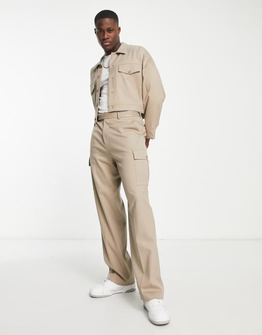 ASOS DESIGN - Nette cargobroek met wijde pijpen van keperstof in stone, deel van co-ord set