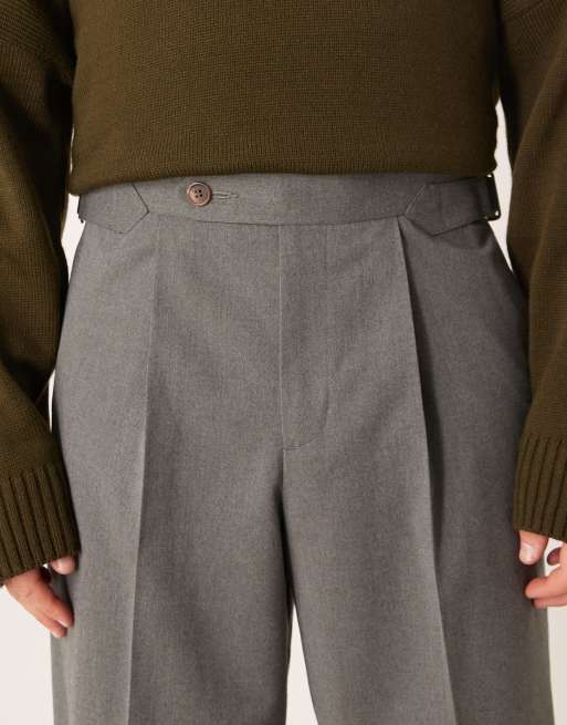 ASOS DESIGN - Nette geplooide broek met wijde pijpen van flanel in grijs, 4 van 5