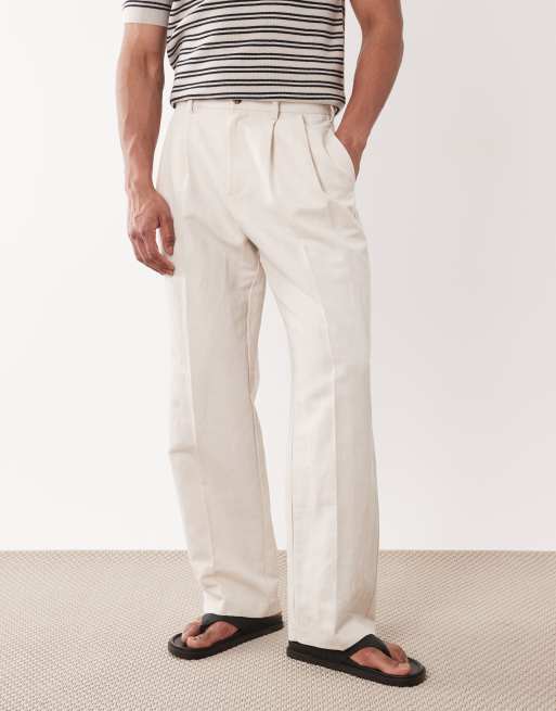 ASOS DESIGN - Nette geplooide broek van linnenmix met wijde pijpen in ecru, 2 van 5
