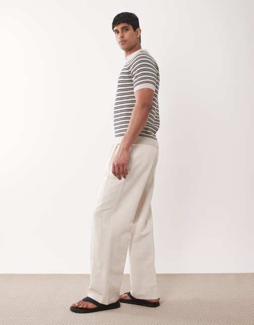 ASOS DESIGN - Nette geplooide broek van linnenmix met wijde pijpen in ecru, 3 van 5