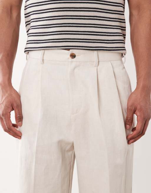 ASOS DESIGN - Nette geplooide broek van linnenmix met wijde pijpen in ecru, 4 van 5
