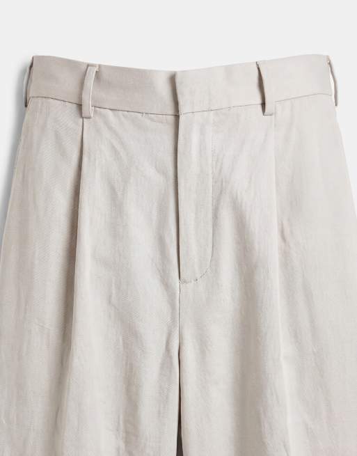 ASOS DESIGN - Nette geplooide broek van linnenmix met wijde pijpen in steenkleur, 8 van 9