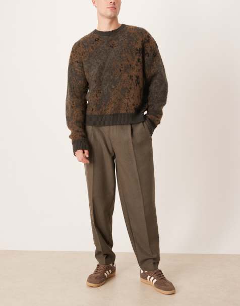 ASOS DESIGN - Nette geplooide oversized toelopende broek van wolmix met visgraatmotief in kaki - view 1