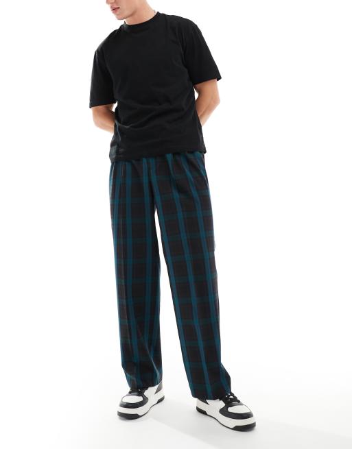 ASOS DESIGN - Nette geruite broek met hoge taille en wijde pijpen in donkergroen