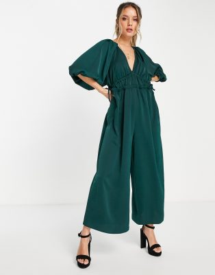 ASOS DESIGN - Nette jumpsuit met diep uitgesneden hals en trekkoord in de taille in blauwgroen 