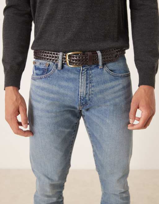 ASOS DESIGN - Nette leren geweven riem met goudkleurige gesp in donkerbruin, 2 van 3