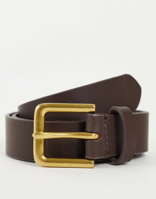 ASOS DESIGN - Nette leren riem in bruin met antiekgouden gesp