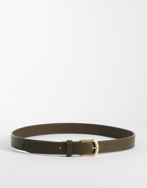 ASOS DESIGN - Nette leren riem met enkele stud en afgeronde rand met gouden gesp in kaki - view 1