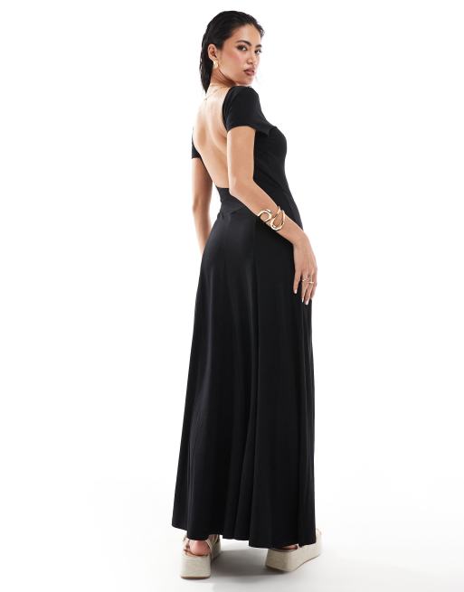 ASOS DESIGN - Nette maxi-jurk met korte mouwen en godetplooien in zwart, 2 van 4