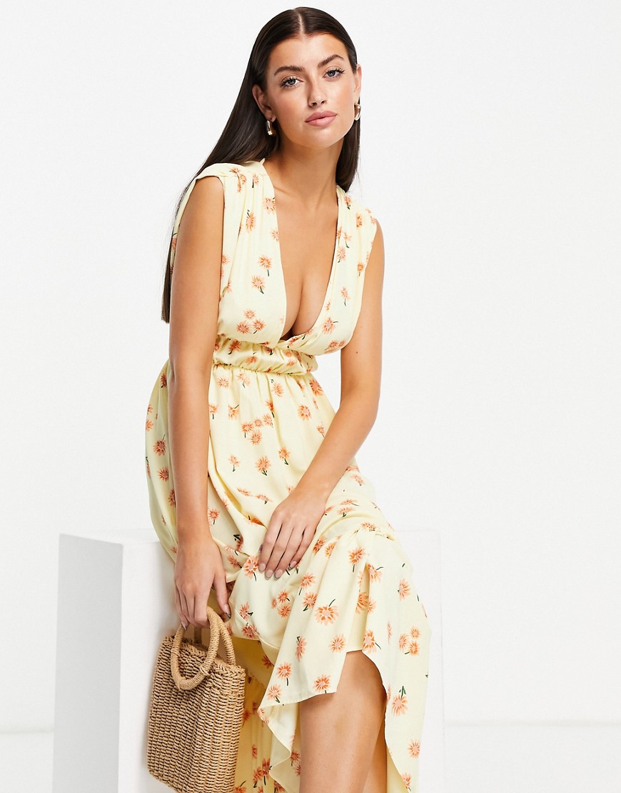 ASOS DESIGN - Nette midi jurk met gerimpeld taille en bloemenprint-Veelkleurig