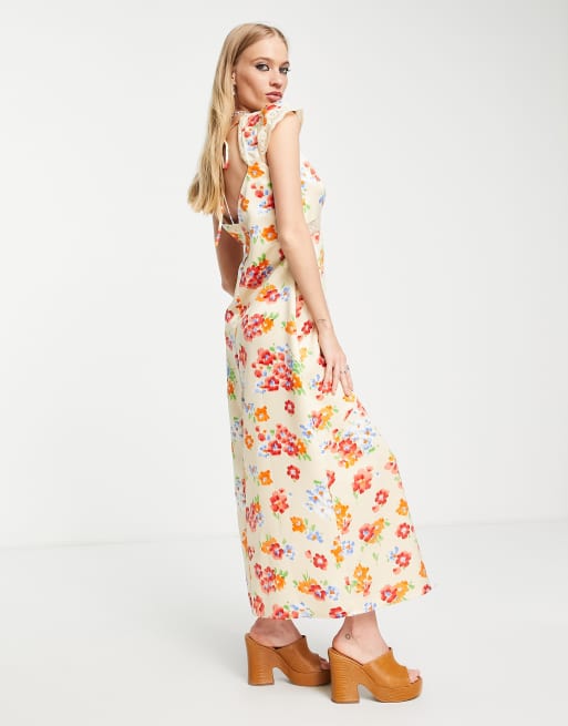 ASOS DESIGN - Nette midi-jurk met ingezet kant, kapmouwtjes en rode bloemenprint, 2 van 4