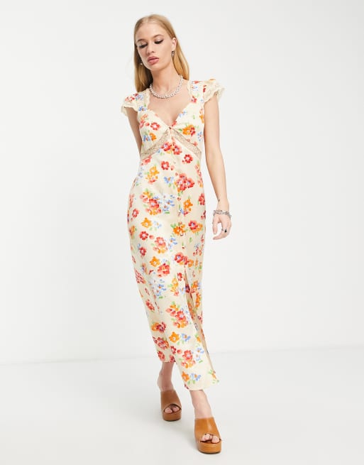 ASOS DESIGN - Nette midi-jurk met ingezet kant, kapmouwtjes en rode bloemenprint, 3 van 4