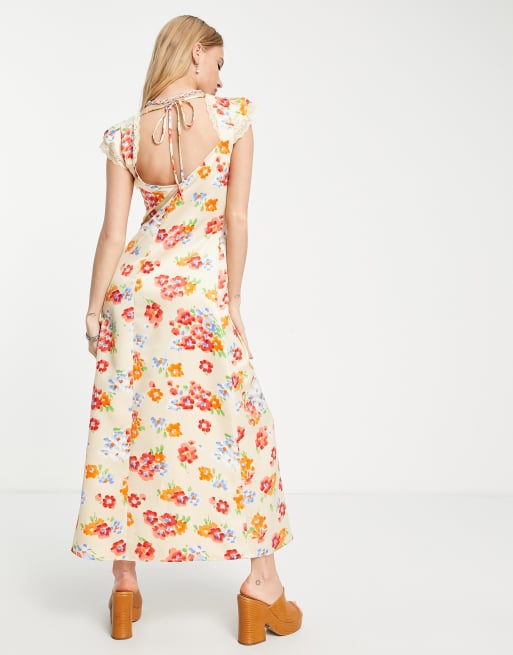 ASOS DESIGN - Nette midi-jurk met ingezet kant, kapmouwtjes en rode bloemenprint, 4 van 4