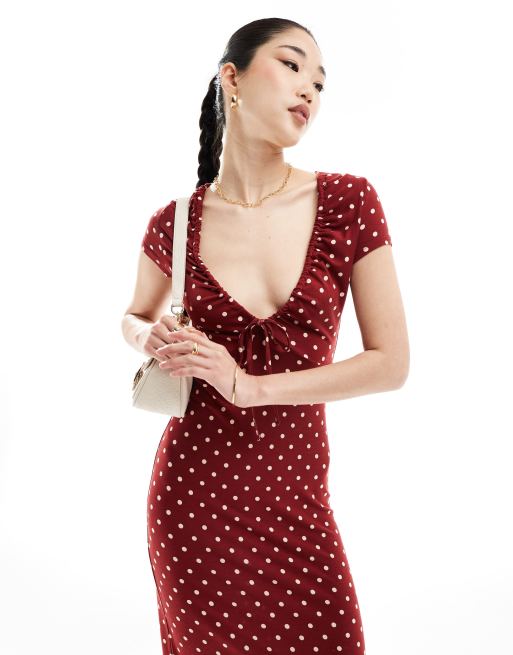 ASOS DESIGN - Nette midi jurk met kapmouwtjes en gestrikte voorkant in bordeauxrood met stippen, 3 van 4