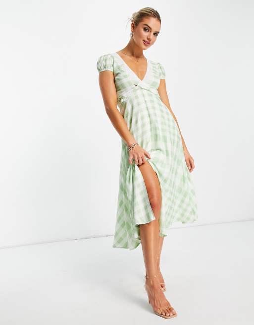 ASOS DESIGN - Nette midi-jurk met kapmouwtjes en kanten inzetstukken in gingham ruit