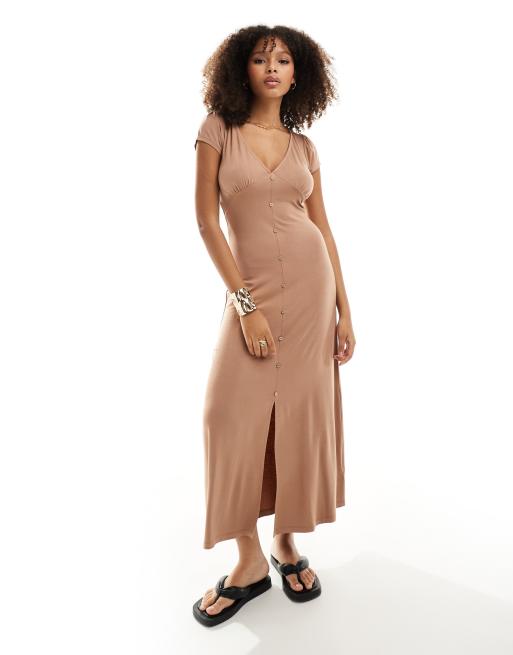 ASOS DESIGN - Nette midi jurk met kapmouwtjes en knopen aan de voorkant in stone, 3 van 4