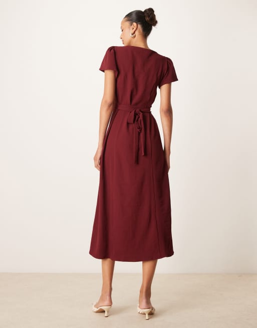 ASOS DESIGN - Nette midi jurk met knoopsluiting en gestrikte achterkant in kersenrood, 2 van 4
