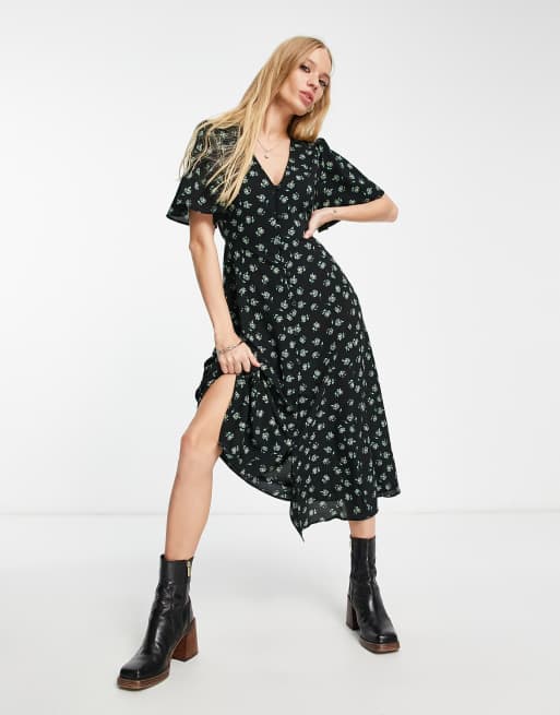 ASOS DESIGN - Nette midi jurk met knoopsluiting, gestrikte achterkant en uitlopende mouwen in zwarte bloemenprint