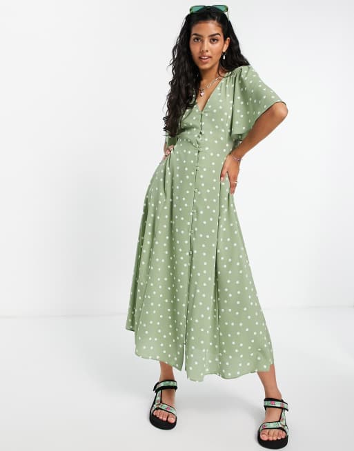 ASOS DESIGN - Nette midi-jurk met knopen en engelenmouwen in groene stippenprint