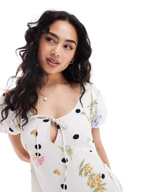 ASOS DESIGN - Nette midi jurk met pofmouwen in bloemen- en stippenprint, 4 van 4