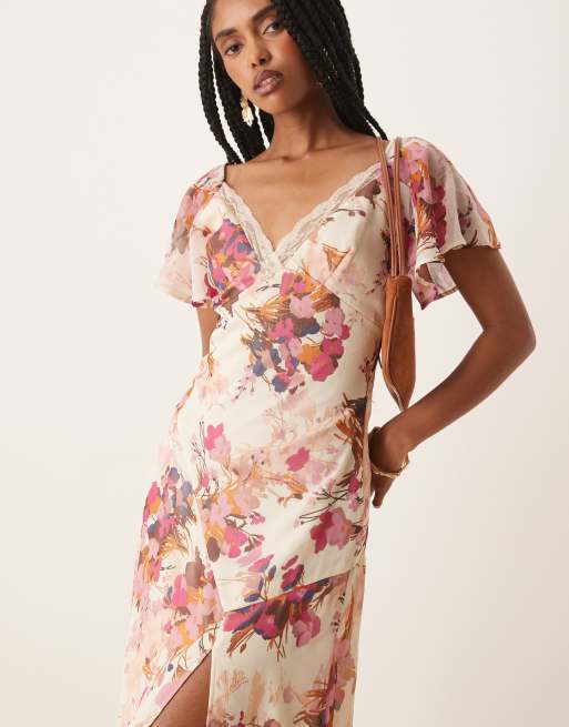 ASOS DESIGN - Nette midi jurk van chiffon met inzetstuk van kant en bloemenprint, 2 van 4