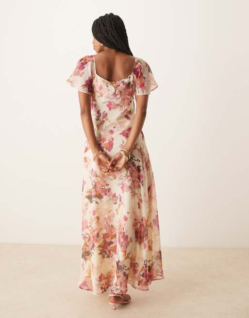 ASOS DESIGN - Nette midi jurk van chiffon met inzetstuk van kant en bloemenprint, 3 van 4