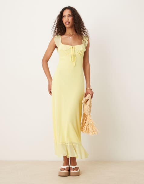 ASOS DESIGN - Nette midi jurk van gelaagd mesh met ruches in geel - view 1