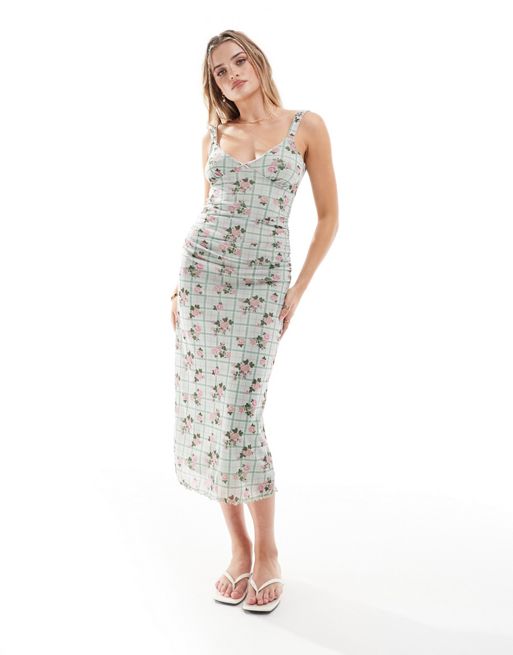 FhyzicsShops DESIGN - Nette midi jurk van powermesh met bandjes, coupenaden en bloemenprint