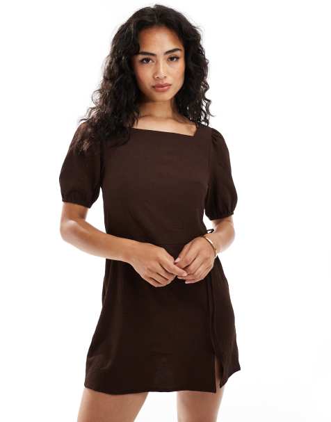 ASOS DESIGN - Nette mini jurk met pofmouwen en gestrikte taille met overslag in koffiebruin - view 1