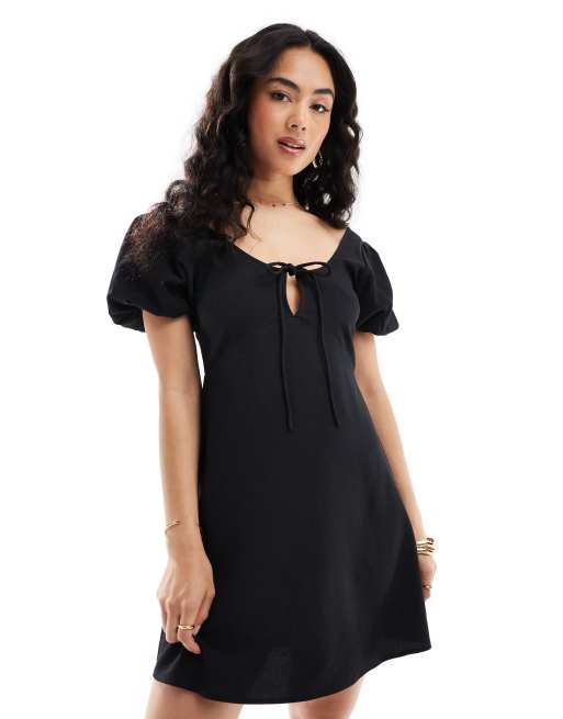 ASOS DESIGN - Nette mini jurk met pofmouwen in zwart